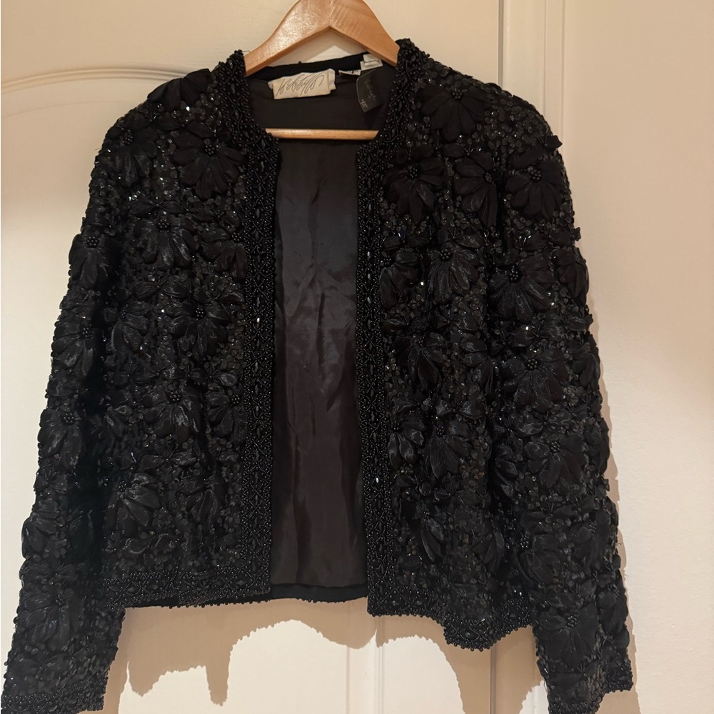 Lord & Taylor Black Textured Blazer with Floral Embellishments